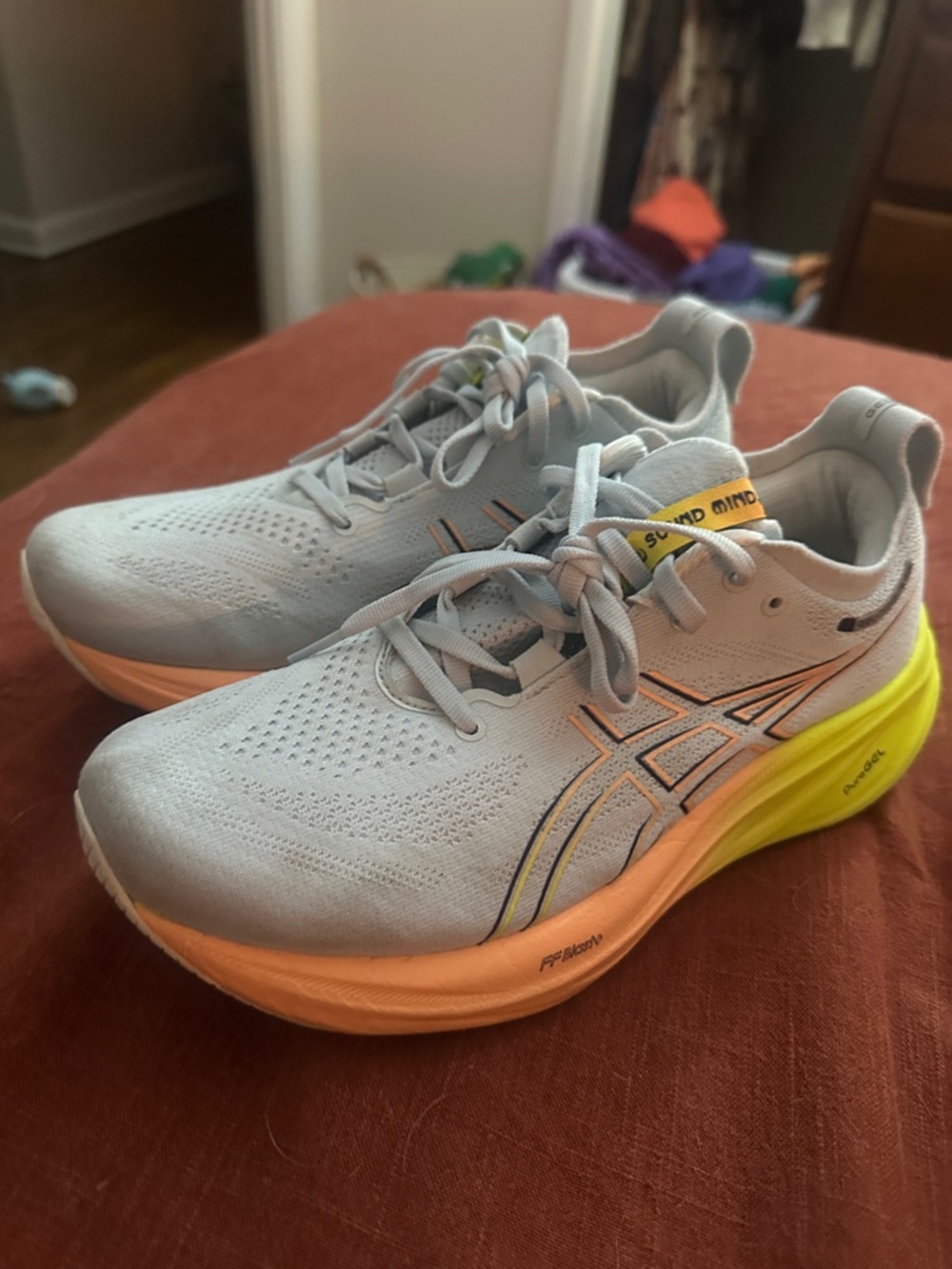 ASICS gel kayano Light Gray Running Shoes with Peach & Neon Yellow Accents